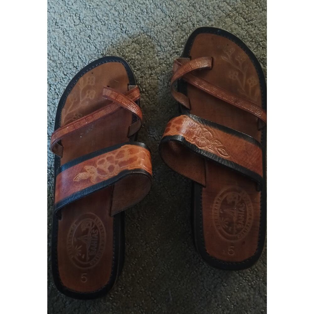 Bahias Handmade Leather Sandals Size 5 Brown Embossed Slide